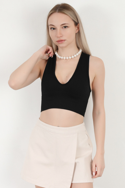 GİYSA المرأة الخامس الرقبة سميكة الأشرطة محكم المحاصيل الجسم الأسود - MS 0000311