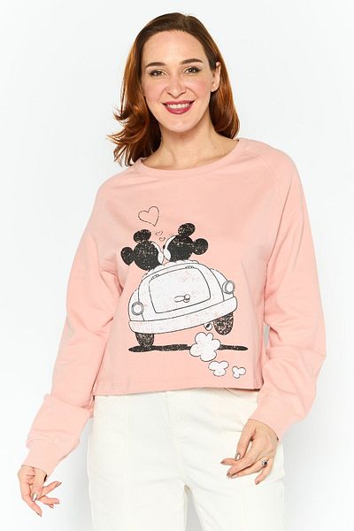 Disney Women Crew Neck Graphic Printed Cropped Sweatshirt, Dusty Pink