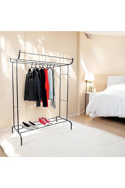 Taimi Modern Black Metal Clothes Rack with,Sturdy Tubes,and Practical Shelves for Organized Storage