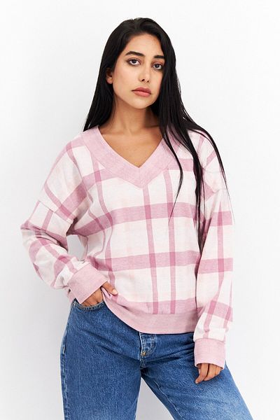 Felina Women V-Neck Checkered Sweatshirt, Purple