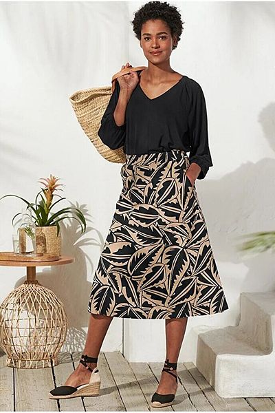 Tchibo Women Abstract Midi Skirt, Black