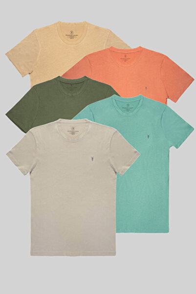 MAXIMILLIAN Ανδρικό μπλουζάκι με λαιμόκοψη 5 τεμαχίων - 100% βαμβάκι μπεζ-πορτοκαλί-χακί-καγκλα-γκρι