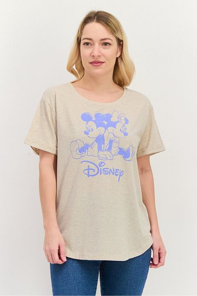 Disney Women Round Neck Short Sleeve Graphic Print T Shirt, Beige