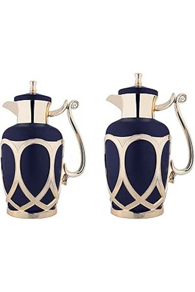ALSAIF 2 Pieces Coffee And Tea Vacuum Flask Set Size: 0.7/1.0 L Color: Dark Blue/gold