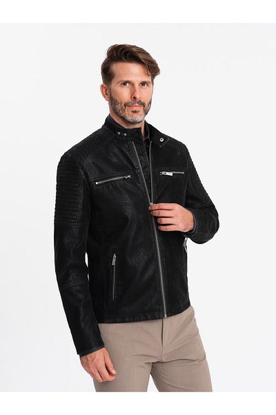 OMBRE Pánská motorkářská bunda v retro stylu se stojáčkem - černá V2 OM-JAFL-0197 M