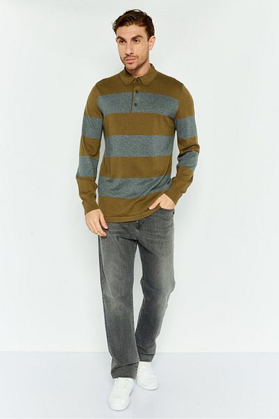 Hawker Rye Men Spread Collar Stripe Long Sleeves Sweater, Olive