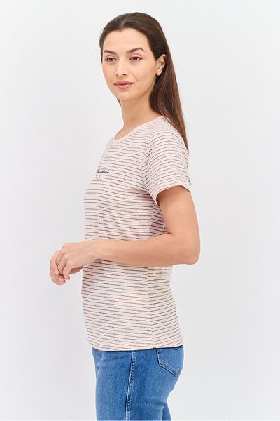 Pepe Jeans بلوزة نسائية مخططة بأكمام قصيرة ورقبة دائرية، وردي غامق