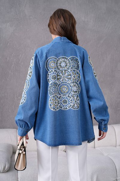 Miss Allos Jachetă kimono din denim cu paiete brodate pe spate și mâneci pentru femei