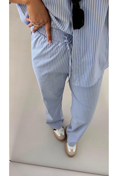 Sezgi Tekin Set cămașă și pantaloni din poplin cu dungi albastre