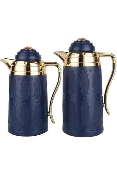 ALSAIF 2 Pieces Coffee And Tea Vacuum Flask Set Size: 0.7/1.0 L Color: Dark Blue/gold