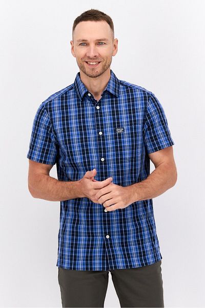 Perry Ellis قميص رجالي كاجوال منقوش بأكمام قصيرة وقصة عادية، أزرق
