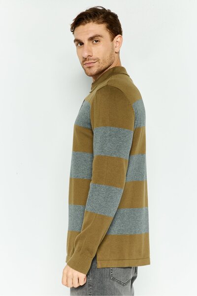 Hawker Rye Men Spread Collar Stripe Long Sleeves Sweater, Olive