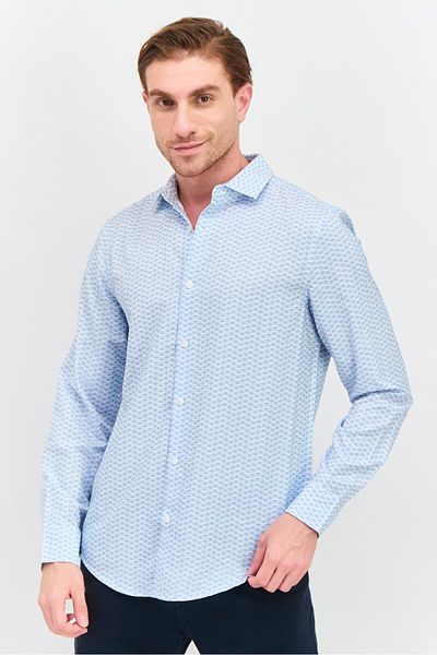 Perry Ellis Men Stretch Fit Allover Print Long Sleeves Casual Shirt, Light Blue