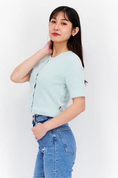 Levi's Women Crew Neck Short Sleeves Faux Fur Blouse, Mint Green