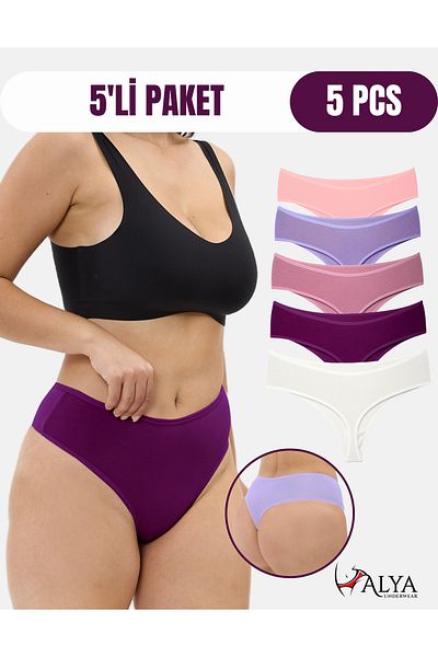ALYA UNDERWEAR Women's High Waist, Recovery, Thong Panties - 5 Pack Fuchsia, Salmon, Ecru, Lilac, Dusty Rose