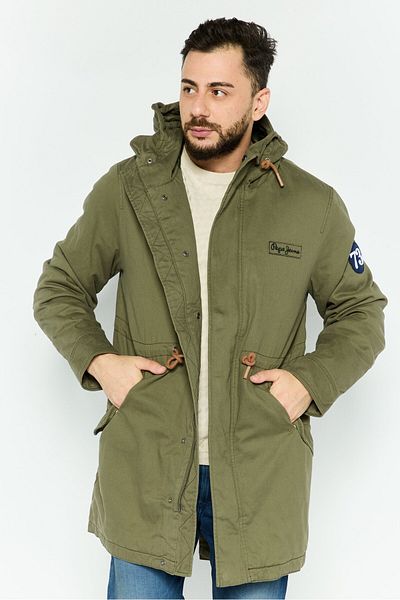 Pepe Jeans Men Embroidered Logo Hooded Parka Jacket, Dark Olive