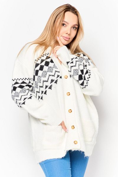 Black Tape Women V-neck Aztec Print Cardigan, White