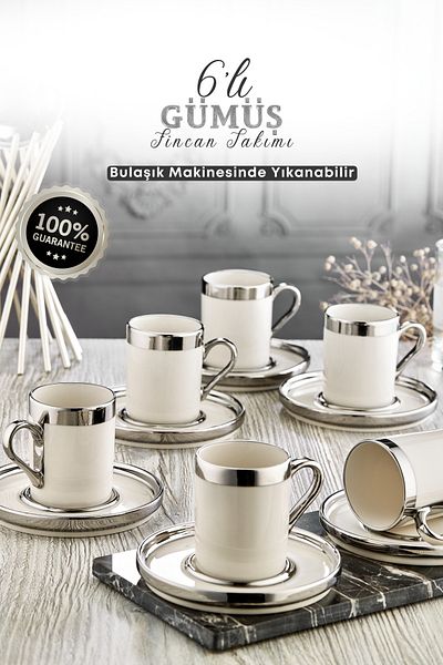 GRİMOR Life Silver Gilded 6-Person Porcelain Cup Set 12 Pieces Turkish Coffee Set Coffee Cup 100 ml