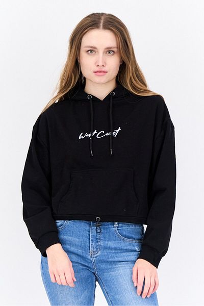 Brave Soul Women Hood With Drawstring Long Sleeve Embroidered Sweatshirts, Black
