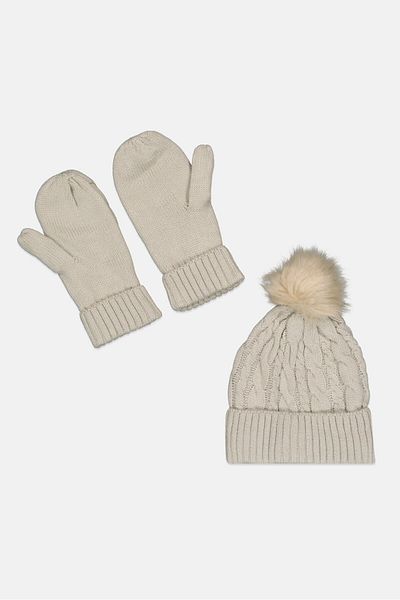 French Connection Women 2 Piece Textured Beanie With Gloves, Beige