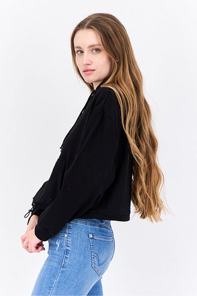 Brave Soul Women Hood With Drawstring Long Sleeve Embroidered Sweatshirts, Black