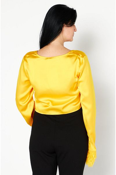 NA-KD Women Tie Neck Long Sleeve Faux Feather Satin Top, Yellow