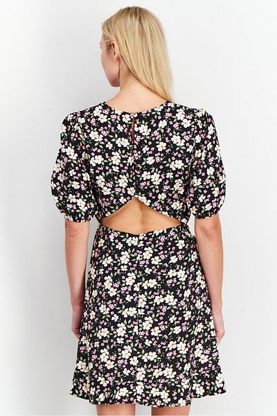 NA-KD Women Floral Print Open Back Mini Dress, Black Combo