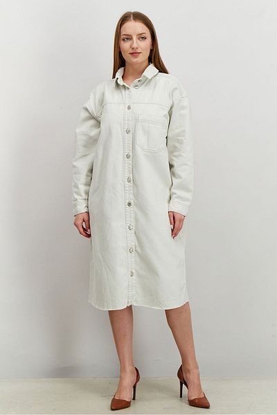 TopShop Women Spread Collar Chest Pocket Long Denim Jacket, Off White