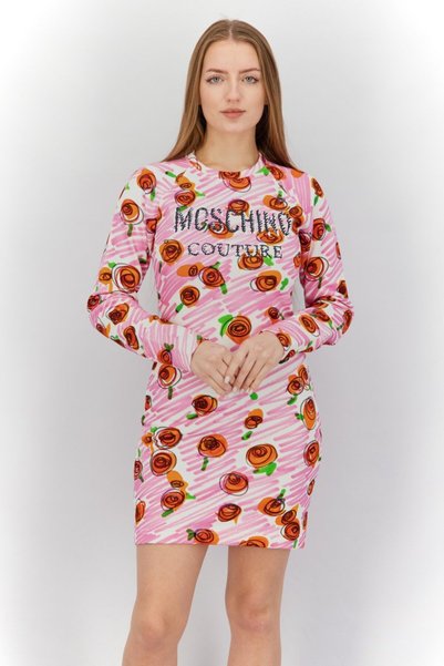 Moschino Women Allover Print Long Sleeve Mini Dress, Pink