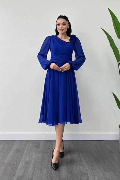 giyimmasalı Saks Blue Midi Chiffon Dress - Rose Detail
