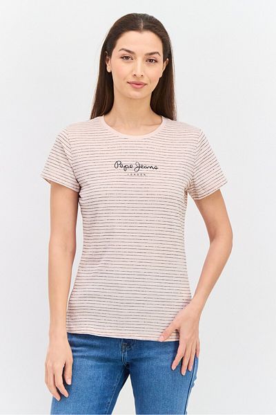 Pepe Jeans بلوزة نسائية مخططة بأكمام قصيرة ورقبة دائرية، وردي غامق