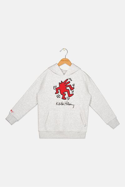 Keith Haring Kids Boy Hooded Neck Long Sleeve Graphic Sweatshirt, Grey