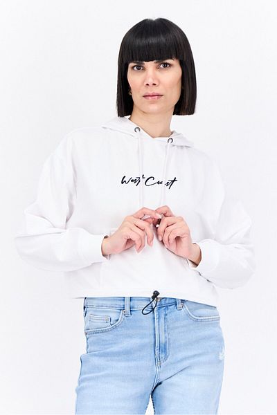 Brave Soul Women Hood With Drawstring Long Sleeve Embroidered Sweatshirts, White