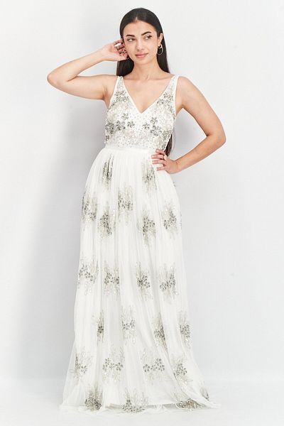 Maya Deluxe Women Embellished Column Maxi Dress, White