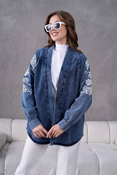 Miss Allos Kadın Arkası Ve Kolları Nakışlı İnci Detaylı Kot Kimono Ceket