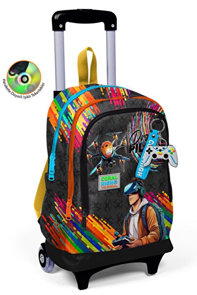 Coral High Kids Siyah Drone Pilot Desenli Üç Bölmeli Çekçekli Okul Sırt Çantası 23980