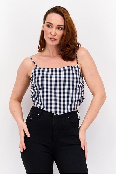 Pepe Jeans Women Square Neck Sleeveless Checkered Tank Top, White Combo