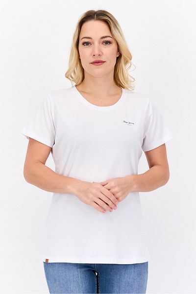 Pepe Jeans تي شيرت نسائي برقبة دائرية وأكمام قصيرة وشعار العلامة التجارية، أبيض