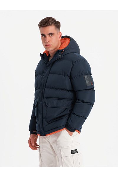 OMBRE Teplá pánská sportovní bunda s dvojitou kapucí - tmavě modrá V2 OM-JAHP-0208 L