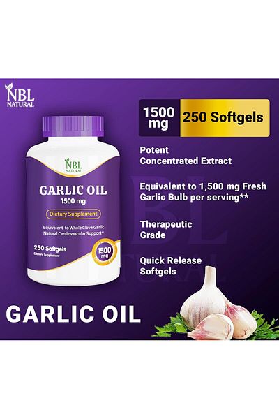 NBL Natural Garlic Oil 1500mg, High Potency, 250 Softgels