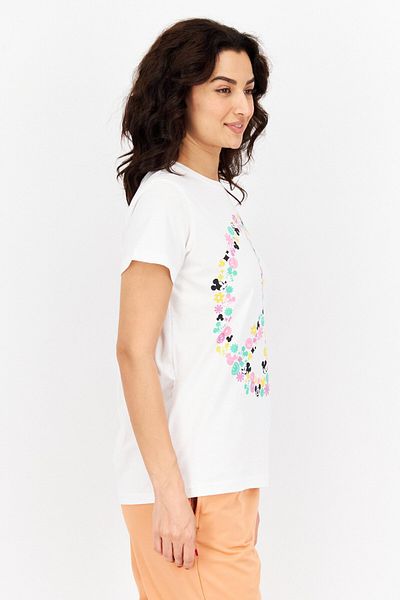 Mickey Mouse Women Round Neck Short Sleeve Printed T-Shirt, White Combo