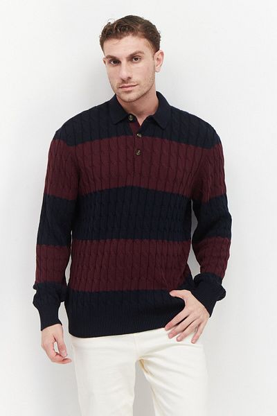 Perry Ellis Men Spread Collar Knitted Rugby Polo Sweater, Maroon