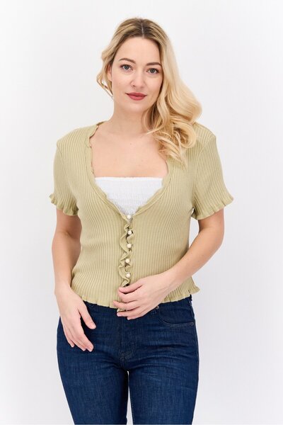 NA-KD Women V Neck Short Sleeve Knitted Cardigan Top, Pastel Sage