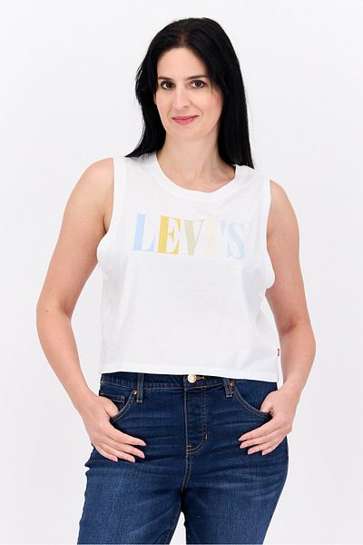 Levi's Women Round Neck Sleeveless Brand Logo Crop Tank Top, White Combo