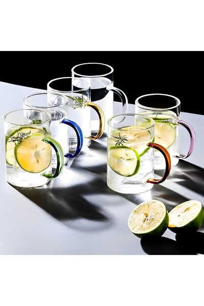 Arabest Glass Tea Cup Set, 6 Pack Coffee Mugs with Handle, Drinking Cup for L...