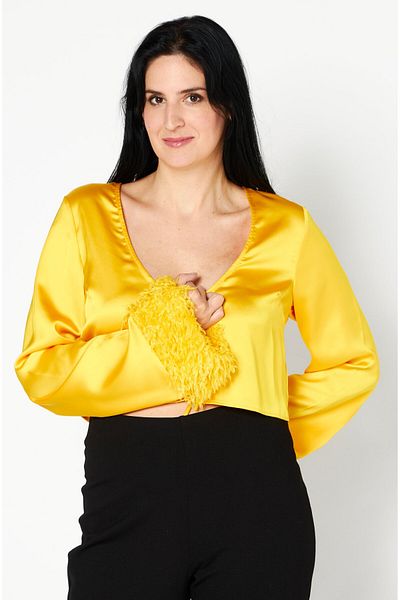NA-KD Women Tie Neck Long Sleeve Faux Feather Satin Top, Yellow