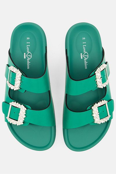 I Love Fashion Women Slip On Slide Sandals, Emerald Green