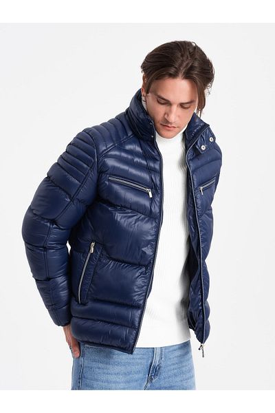 OMBRE Silně zateplená prošívaná pánská bunda s odepínací kapucí - tmavě modrá V2 OM-JAHP-22FW-010 XXL