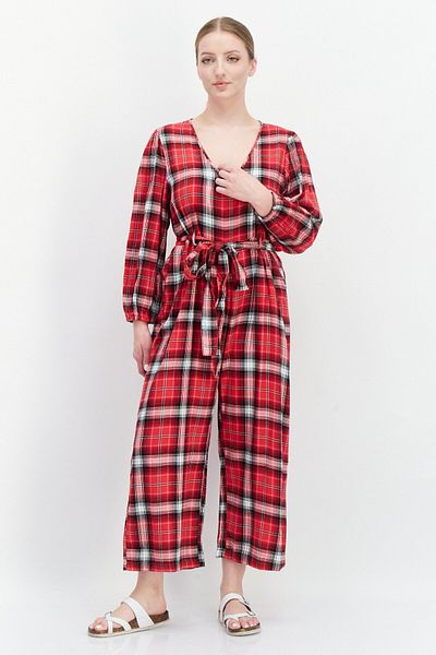 BOOHOO Women Checkered Long Sleeve Jumpsuit, Red Combo