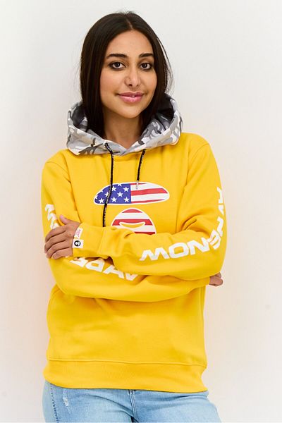 Aape By A Bathing Ape Women Graphic Long Sleeve Hooded Sweatshirts, Yellow Combo